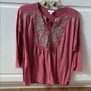 J. Jill Rose Three Quarter Sleeves Blouse with Embroidery